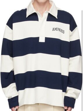 Ami Paris Navy and White Striped Rugby Sweater